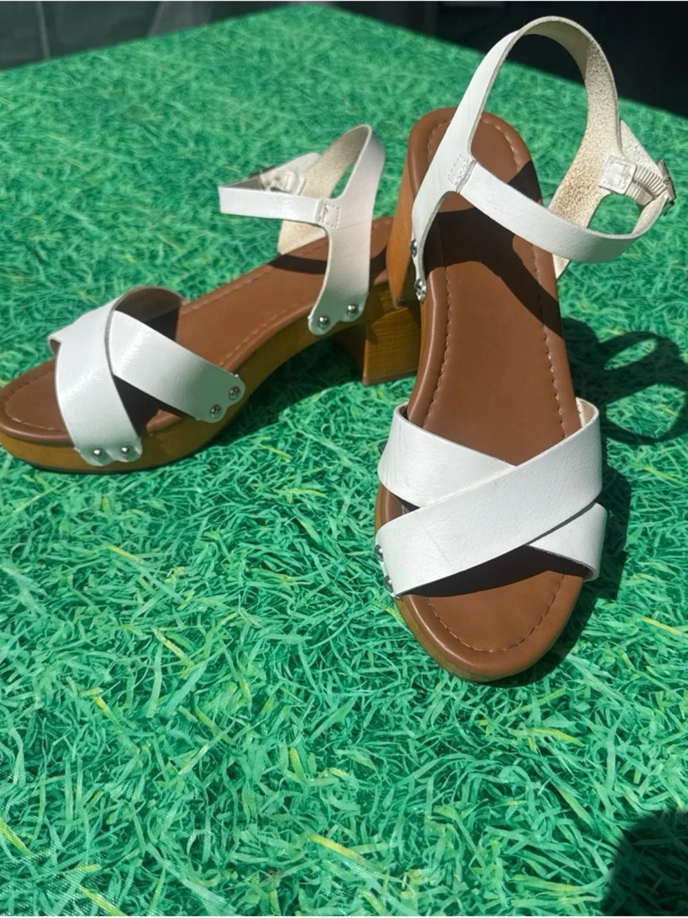 White Crisscross Ankle-Strap Block Heels